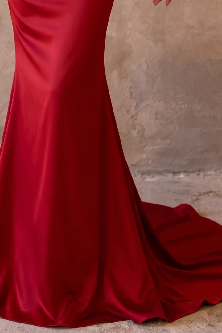 Red Satin Mermaid Evening Gown with Cowl Neckline - Beaded Back Satin Dress with Deep V Back - Red Formal Gown with Train Plus Size