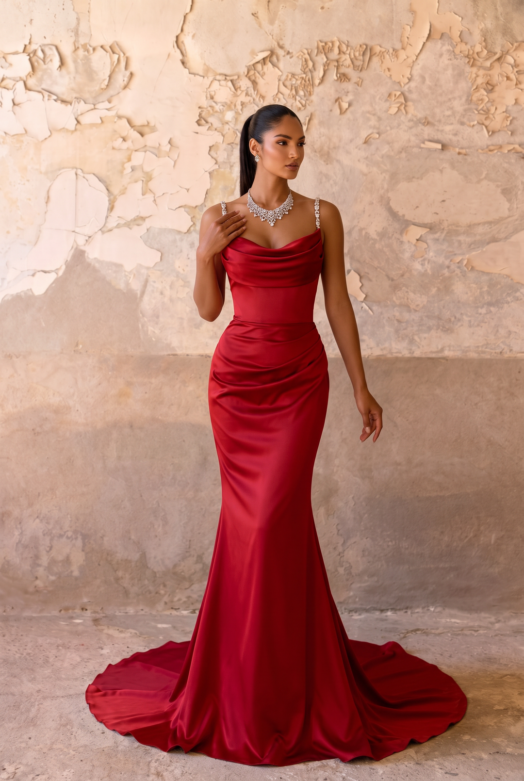 Red Satin Mermaid Evening Gown with Cowl Neckline - Beaded Back Satin Dress with Deep V Back - Red Formal Gown with Train Plus Size