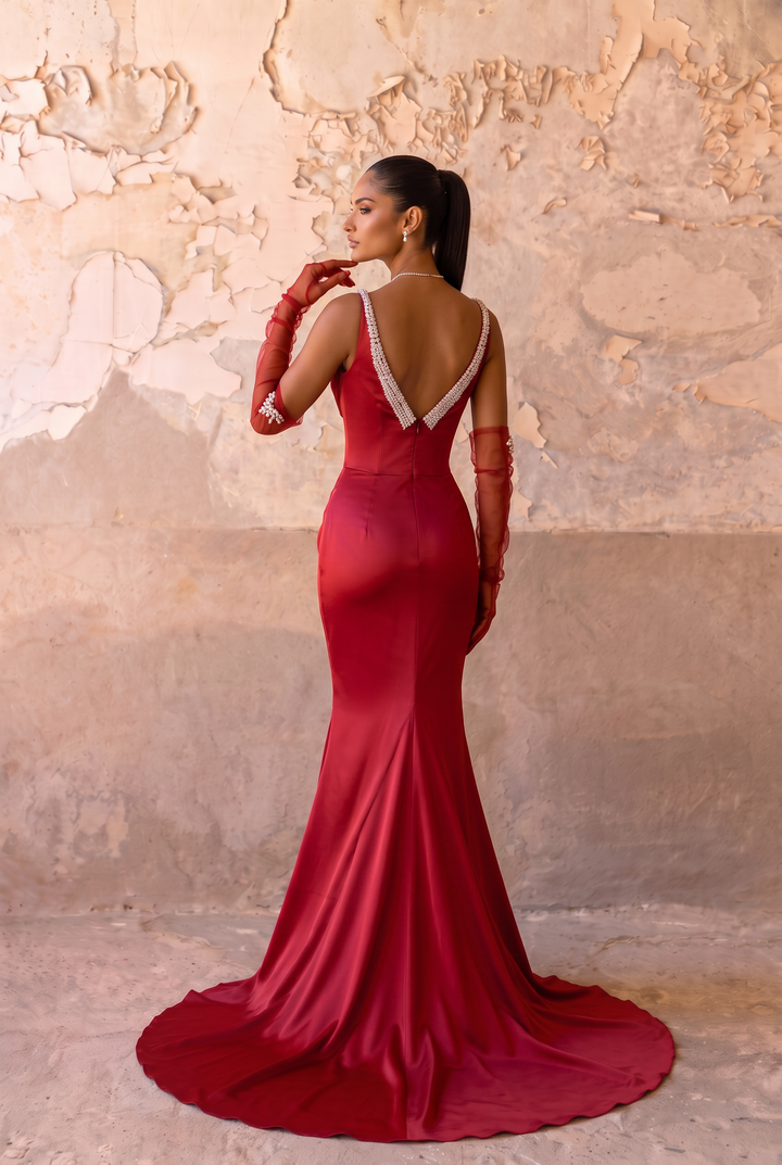 Red Satin Mermaid Evening Gown with Cowl Neckline - Beaded Back Satin Dress with Deep V Back - Red Formal Gown with Train Plus Size