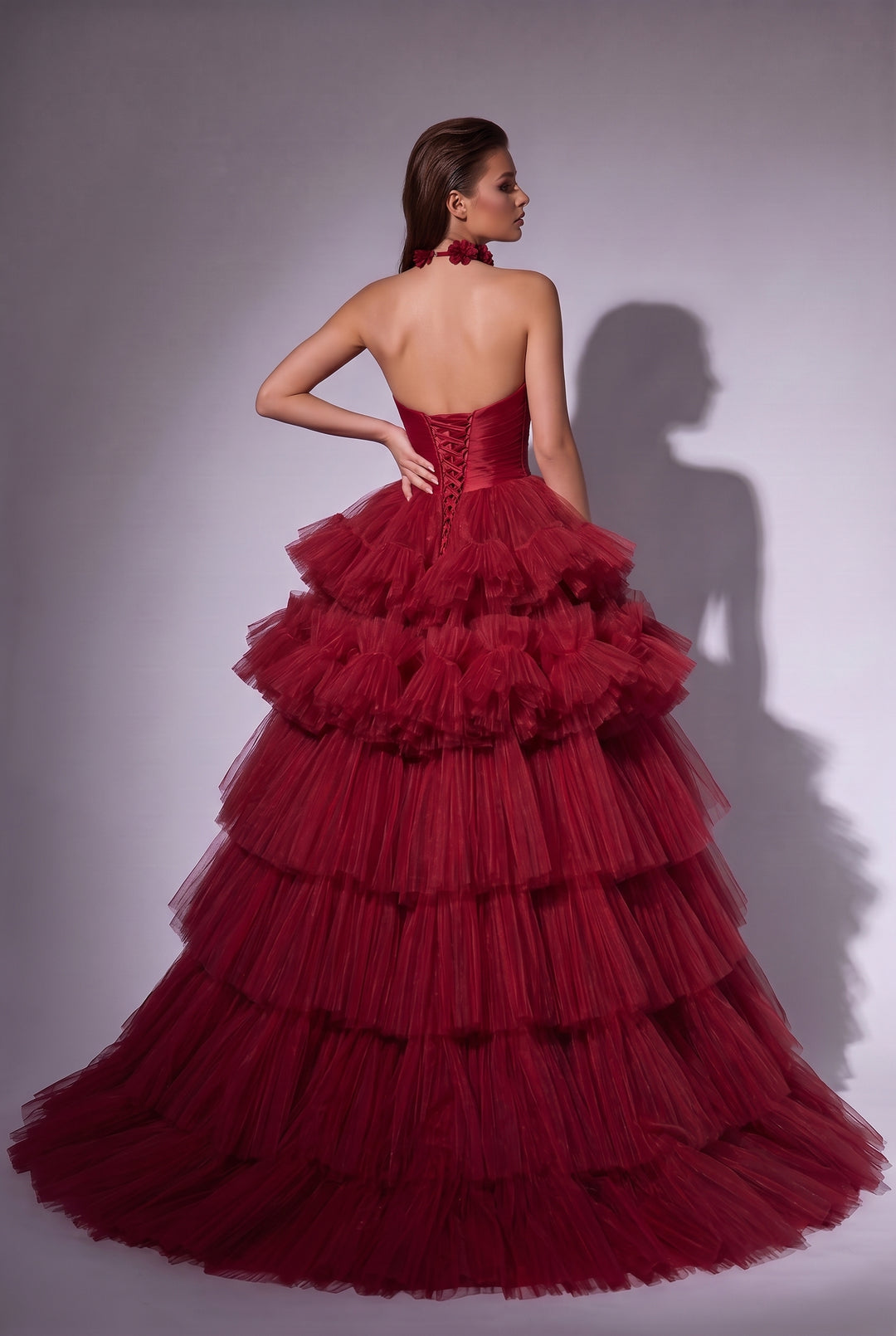 Red Tiered Ball Gown with Strapless Corset Bodice - Layered Tulle Ruffle Evening Dress with Sweetheart Neckline - Romantic Red Wedding Dress Plus Size