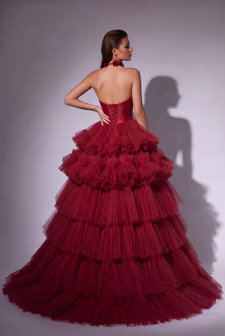 Red Tiered Ball Gown with Strapless Corset Bodice - Layered Tulle Ruffle Evening Dress with Sweetheart Neckline - Romantic Red Wedding Dress Plus Size
