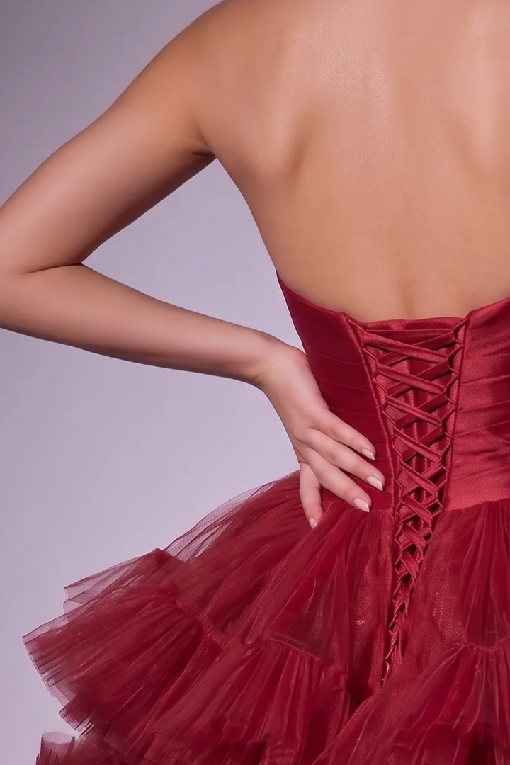 Red Tiered Ball Gown with Strapless Corset Bodice - Layered Tulle Ruffle Evening Dress with Sweetheart Neckline - Romantic Red Wedding Dress Plus Size