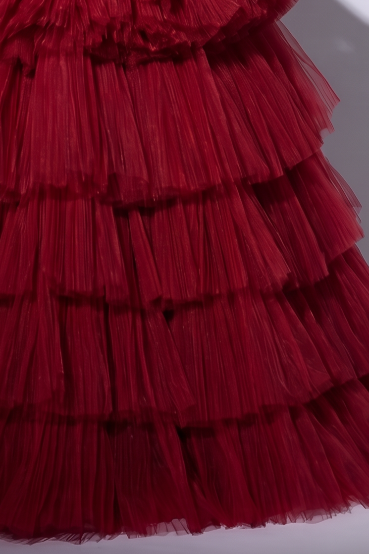 Red Tiered Ball Gown with Strapless Corset Bodice - Layered Tulle Ruffle Evening Dress with Sweetheart Neckline - Romantic Red Wedding Dress Plus Size