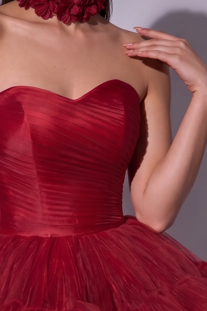 Red Tiered Ball Gown with Strapless Corset Bodice - Layered Tulle Ruffle Evening Dress with Sweetheart Neckline - Romantic Red Wedding Dress Plus Size