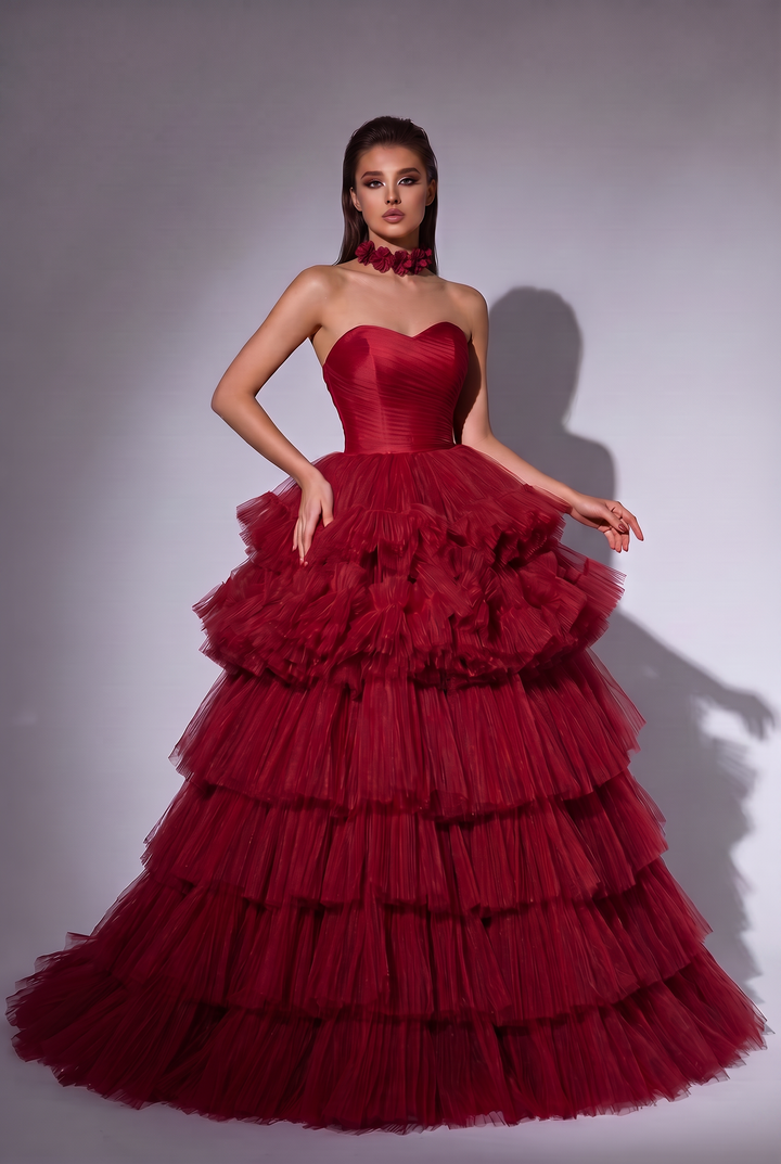 Red Tiered Ball Gown with Strapless Corset Bodice - Layered Tulle Ruffle Evening Dress with Sweetheart Neckline - Romantic Red Wedding Dress Plus Size