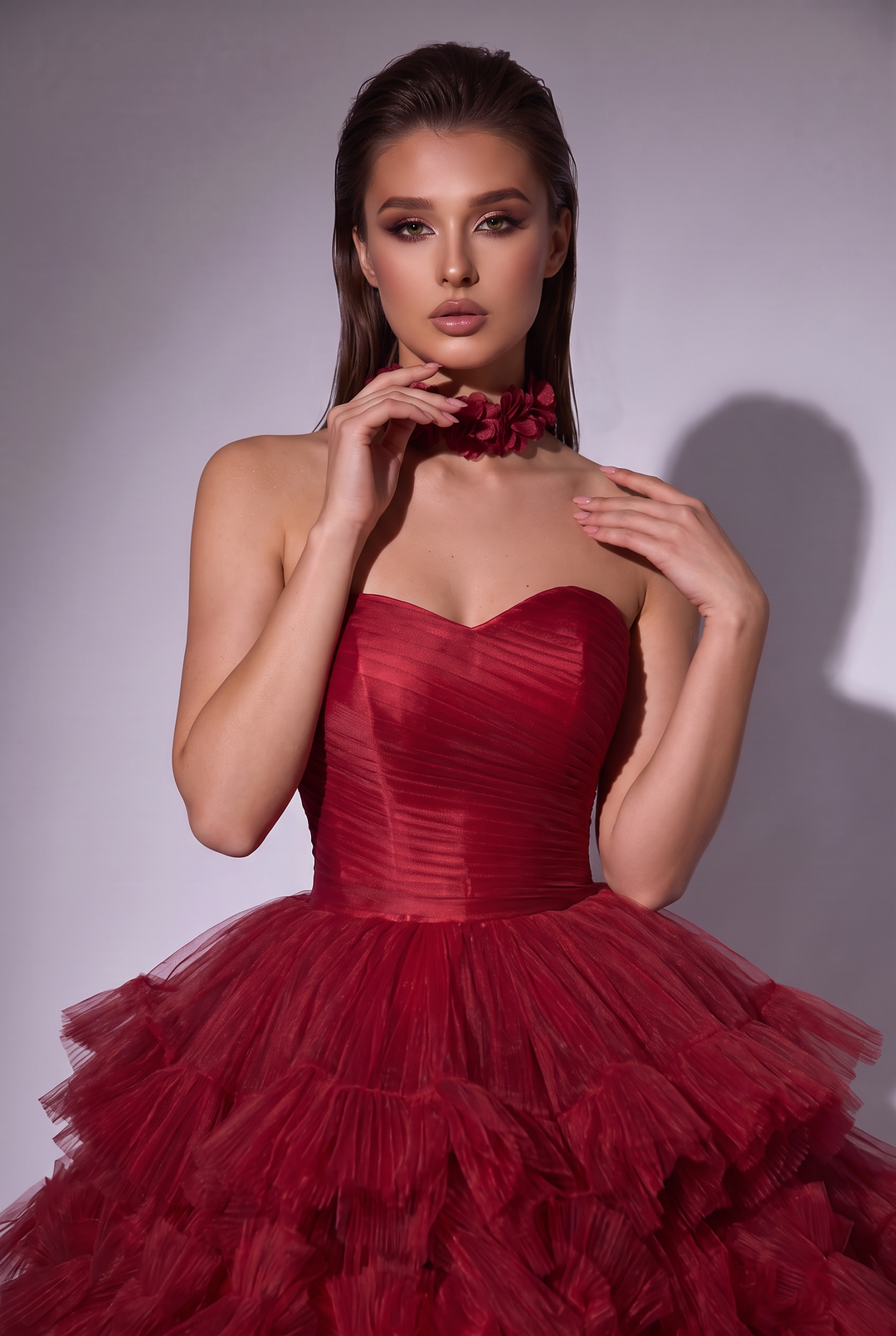 Red Tiered Ball Gown with Strapless Corset Bodice - Layered Tulle Ruffle Evening Dress with Sweetheart Neckline - Romantic Red Wedding Dress Plus Size