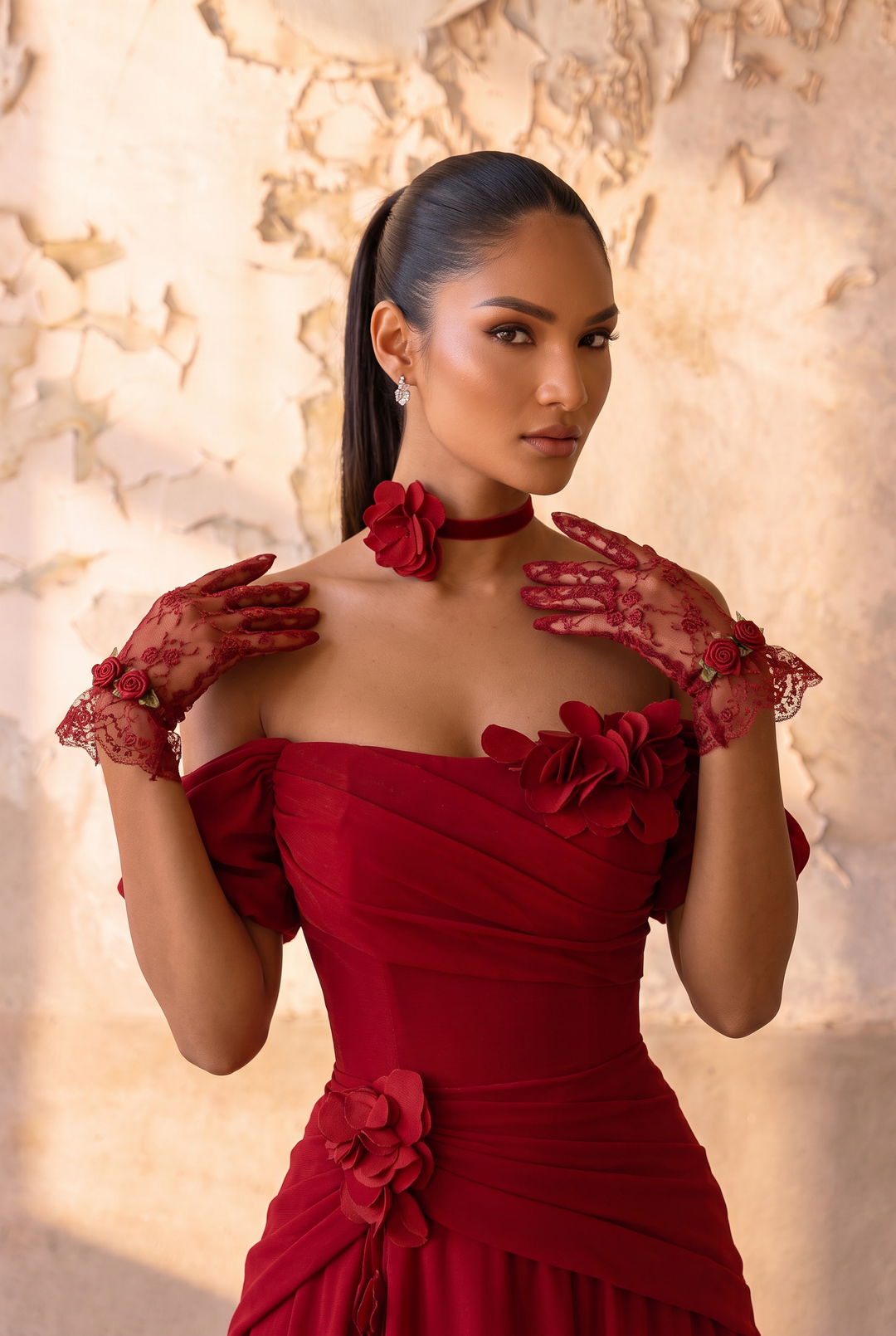Red Wedding Dress Off Shoulder Floral Draped A-Line Gown with Puff Sleeves Plus Size