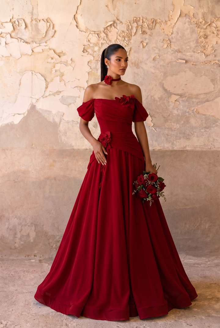 Red Wedding Dress Off Shoulder Floral Draped A-Line Gown with Puff Sleeves Plus Size
