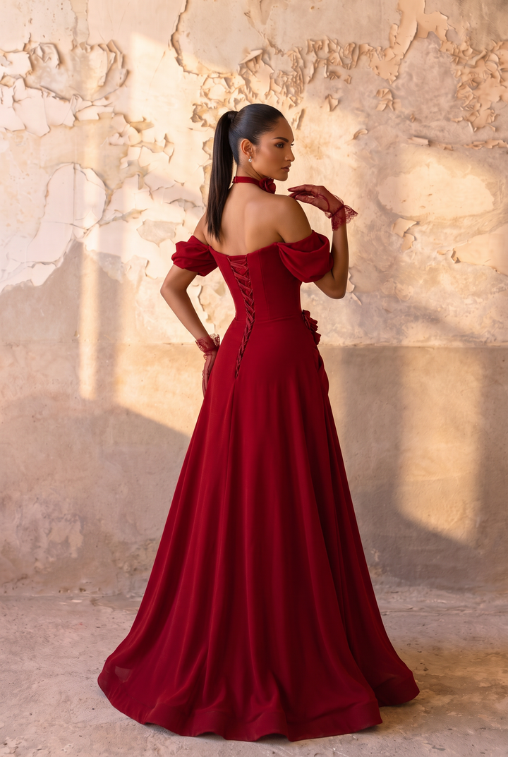 Red Wedding Dress Off Shoulder Floral Draped A-Line Gown with Puff Sleeves Plus Size