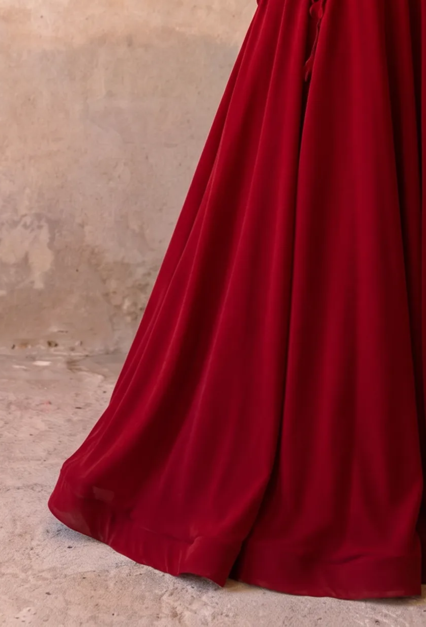 Red Wedding Dress Off Shoulder Floral Draped A-Line Gown with Puff Sleeves Plus Size