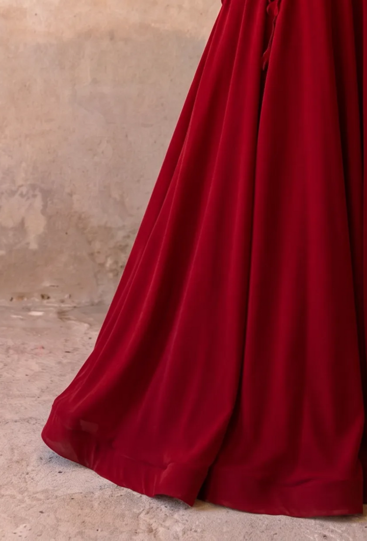 Red Wedding Dress Off Shoulder Floral Draped A-Line Gown with Puff Sleeves Plus Size