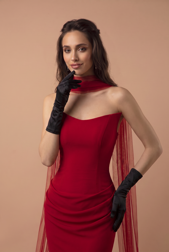 Red Mermaid Evening Dress with Strapless Sweetheart Neckline, Detachable Choker Scarf and Tulle Train – Luxury Formal Gown Plus Size