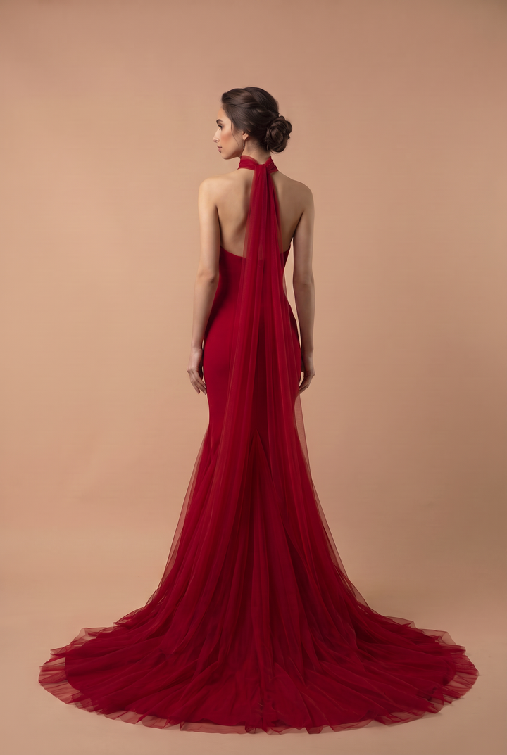 Red Mermaid Evening Dress with Strapless Sweetheart Neckline, Detachable Choker Scarf and Tulle Train – Luxury Formal Gown Plus Size