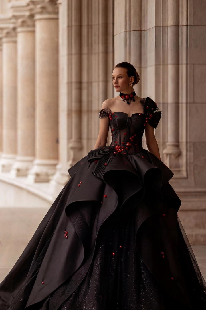 Regal Gothic Black Wedding Dress Ball Gown with Off-Shoulder Black and Red Floral Accents Plus Size