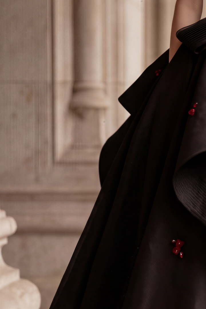 Regal Gothic Black Wedding Dress Ball Gown with Off-Shoulder Black and Red Floral Accents Plus Size