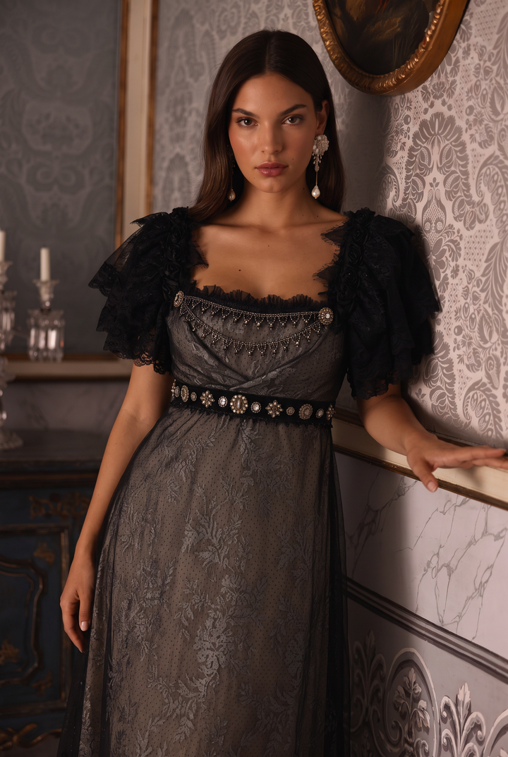 Regency Era Black Embroidered Tulle Empire Waist Gown with Jewel and Lace Detail – Gothic Bridgerton Inspired Evening Dress Plus Size