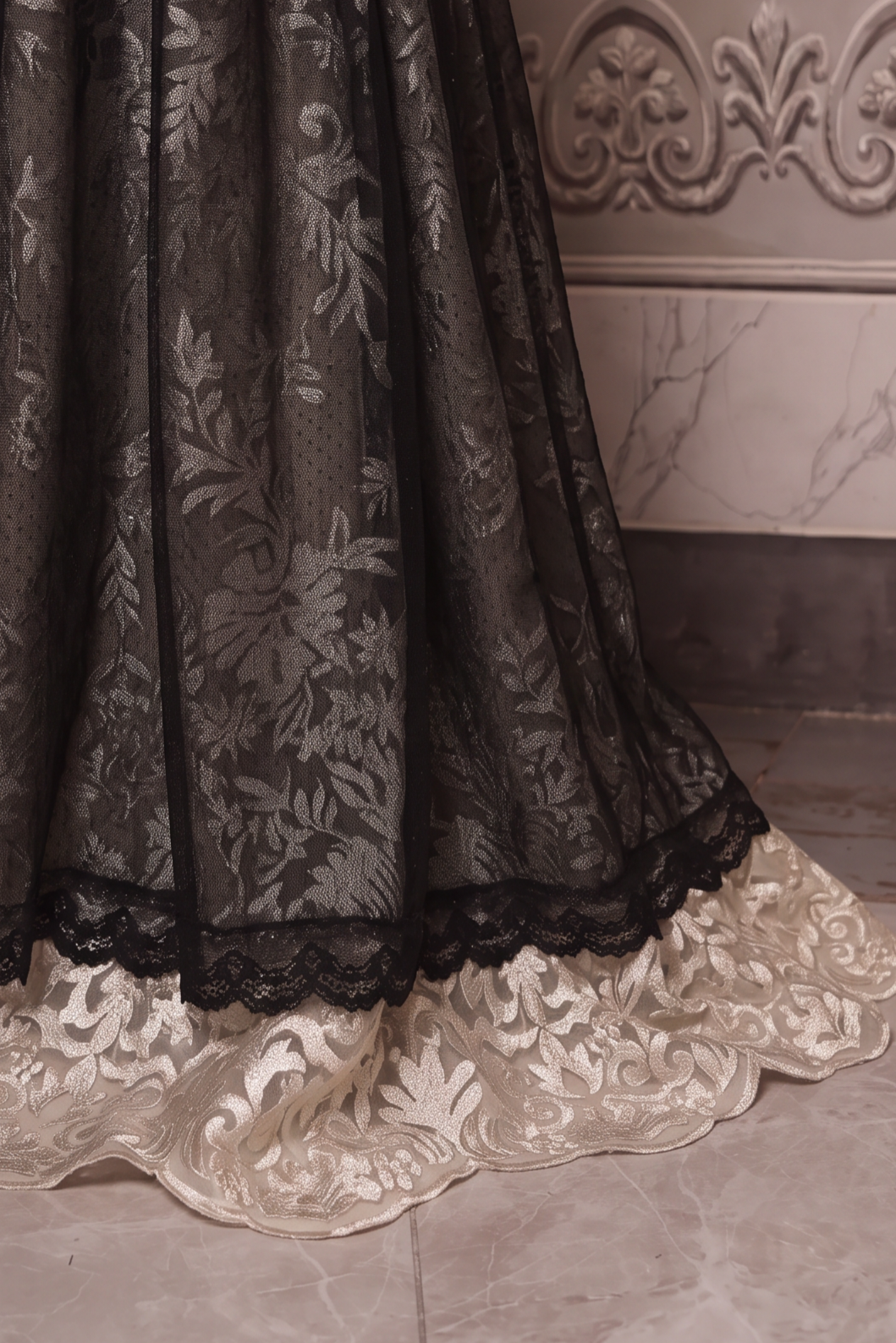 Regency Era Black Embroidered Tulle Empire Waist Gown with Jewel and Lace Detail – Gothic Bridgerton Inspired Evening Dress Plus Size