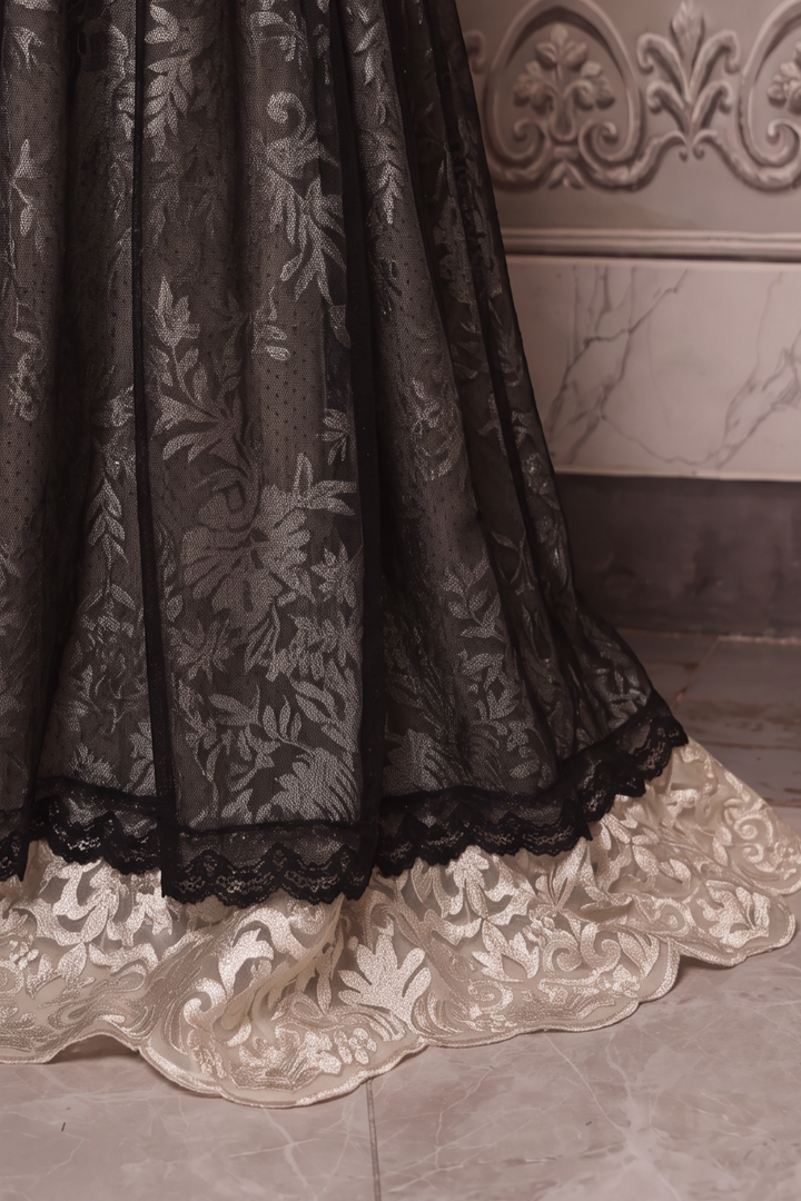 Regency Era Black Embroidered Tulle Empire Waist Gown with Jewel and Lace Detail – Gothic Bridgerton Inspired Evening Dress Plus Size