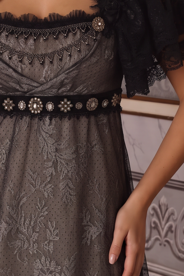 Regency Era Black Embroidered Tulle Empire Waist Gown with Jewel and Lace Detail – Gothic Bridgerton Inspired Evening Dress Plus Size