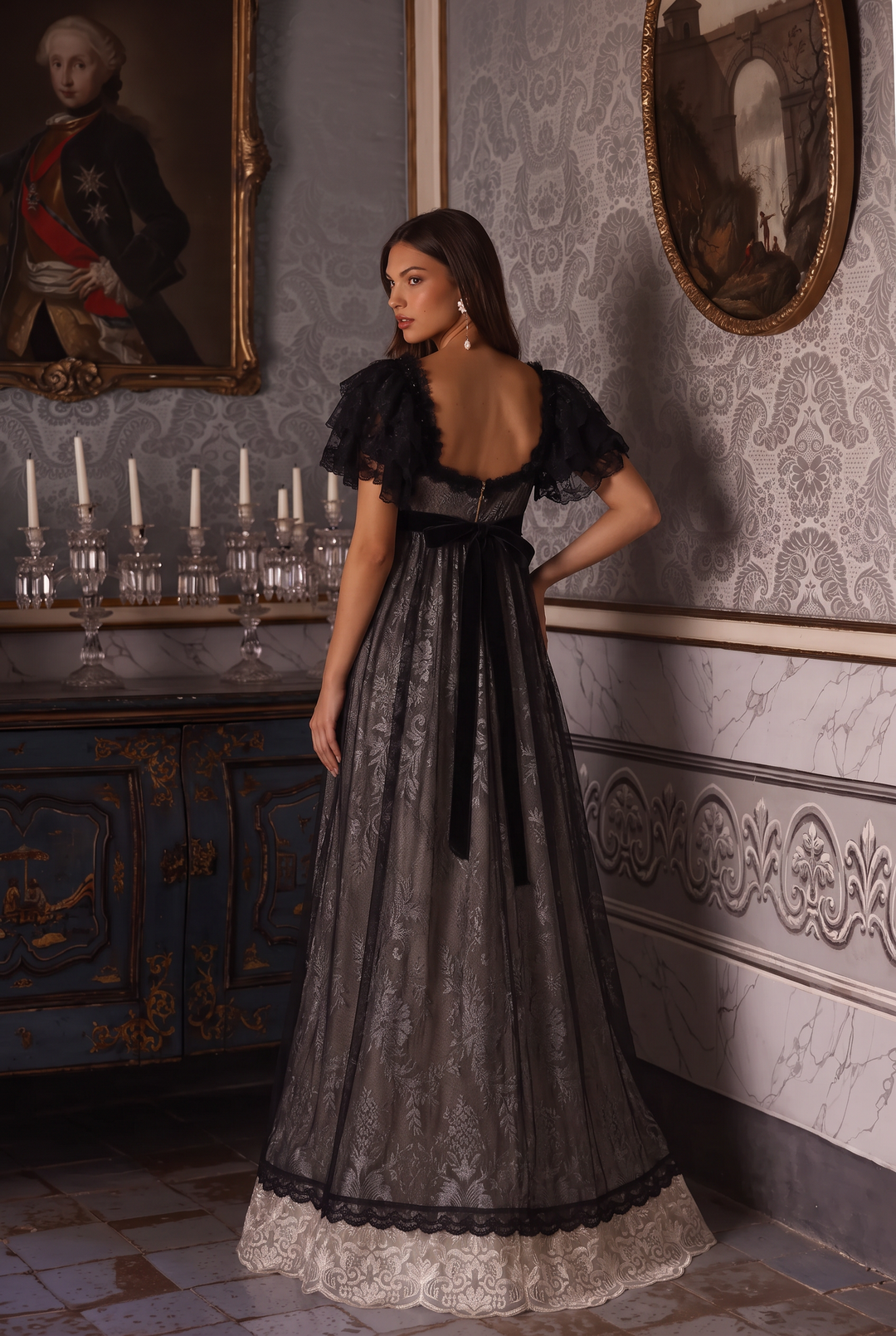 Regency Era Black Embroidered Tulle Empire Waist Gown with Jewel and Lace Detail – Gothic Bridgerton Inspired Evening Dress Plus Size
