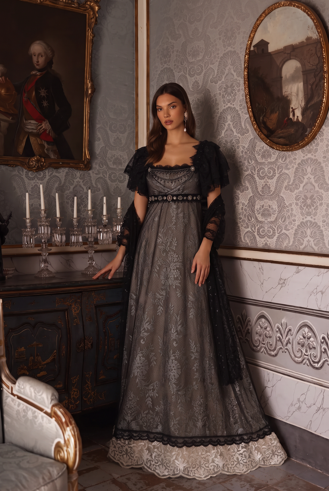 Regency Era Black Embroidered Tulle Empire Waist Gown with Jewel and Lace Detail – Gothic Bridgerton Inspired Evening Dress Plus Size