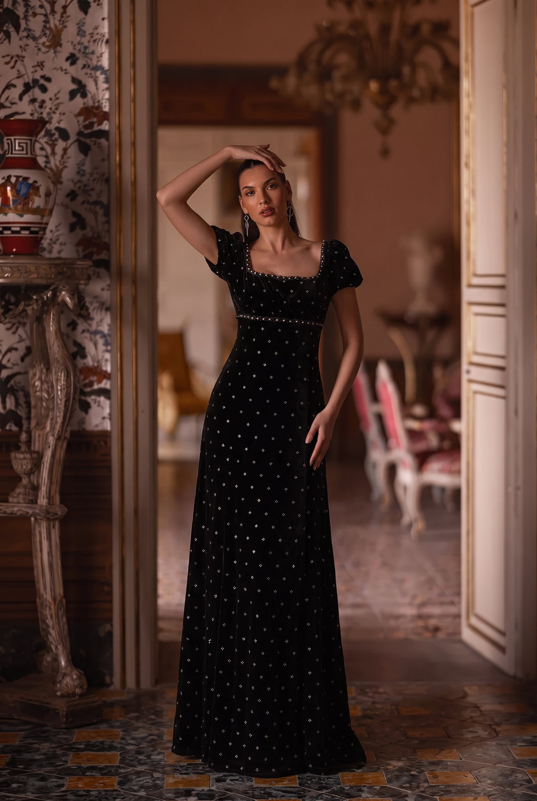 Regency Era Black Velvet Empire Waist Dress with Rhinestone Details and Puff Sleeves Plus Size