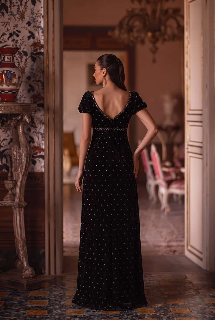 Regency Era Black Velvet Empire Waist Dress with Rhinestone Details and Puff Sleeves Plus Size