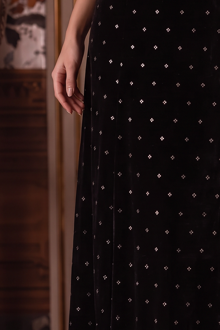 Regency Era Black Velvet Empire Waist Dress with Rhinestone Details and Puff Sleeves Plus Size