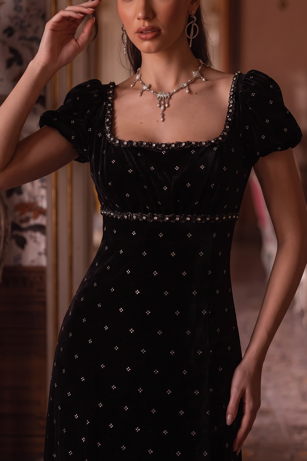Regency Era Black Velvet Empire Waist Dress with Rhinestone Details and Puff Sleeves Plus Size