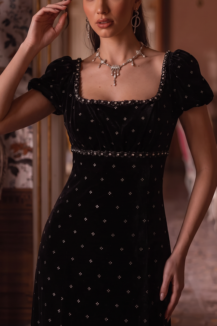 Regency Era Black Velvet Empire Waist Dress with Rhinestone Details and Puff Sleeves Plus Size
