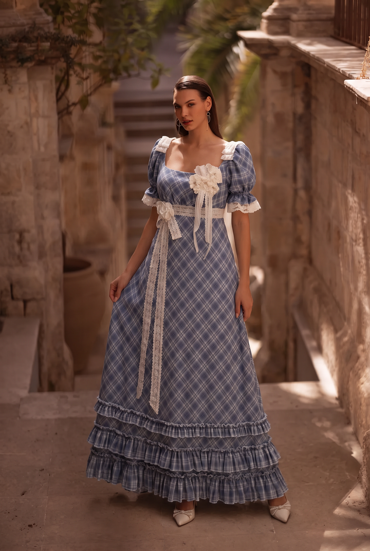 Regency Era Blue Plaid Empire Waist Dress with Lace Trim and Puff Sleeves Plus Size
