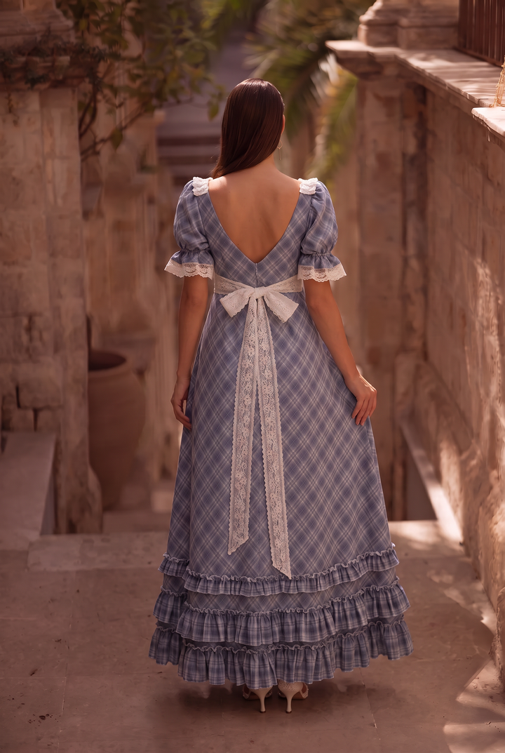 Regency Era Blue Plaid Empire Waist Dress with Lace Trim and Puff Sleeves Plus Size