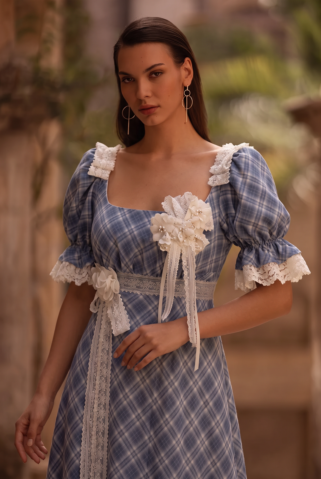 Regency Era Blue Plaid Empire Waist Dress with Lace Trim and Puff Sleeves Plus Size