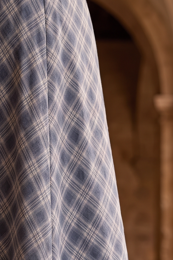 Regency Era Blue Plaid Empire Waist Dress with Lace Trim and Puff Sleeves Plus Size