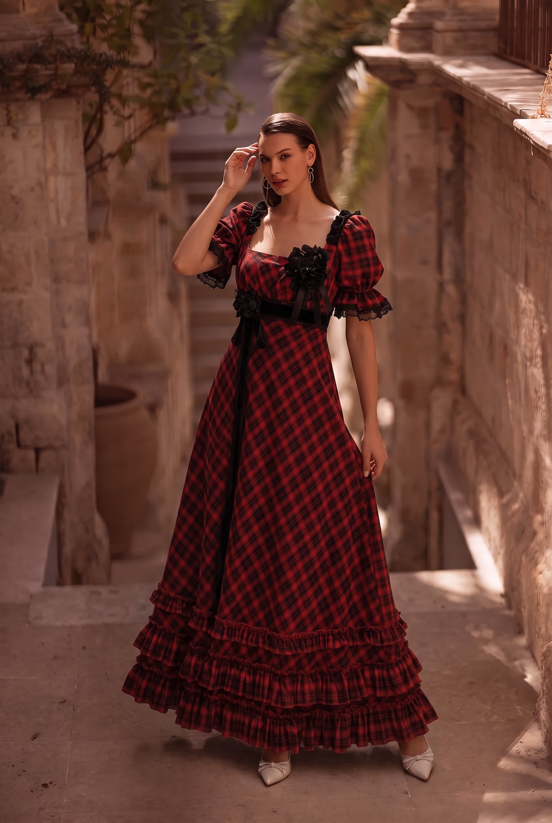 Regency Era Blue Plaid Empire Waist Dress with Lace Trim and Puff Sleeves Plus Size