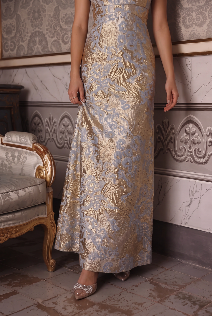 Regency Era Blue and Gold Empire Waist Dress with Square Neckline, Short Sleeves and Floral Jacquard Plus Size