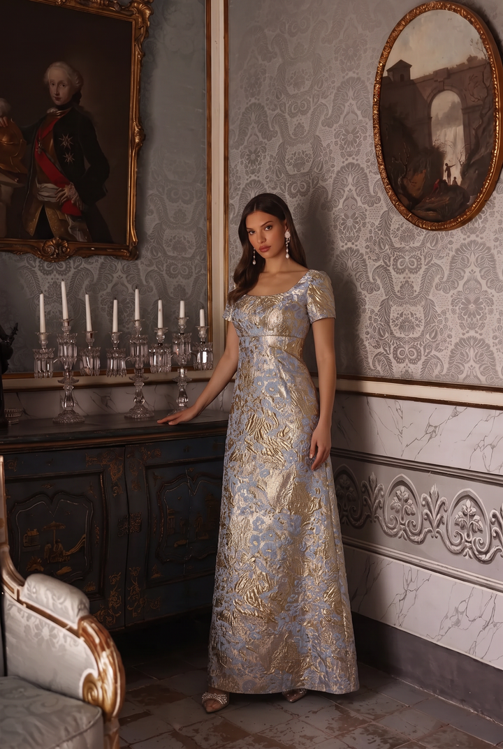 Regency Era Blue and Gold Empire Waist Dress with Square Neckline, Short Sleeves and Floral Jacquard Plus Size