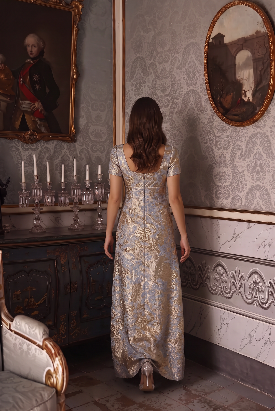 Regency Era Blue and Gold Empire Waist Dress with Square Neckline, Short Sleeves and Floral Jacquard Plus Size