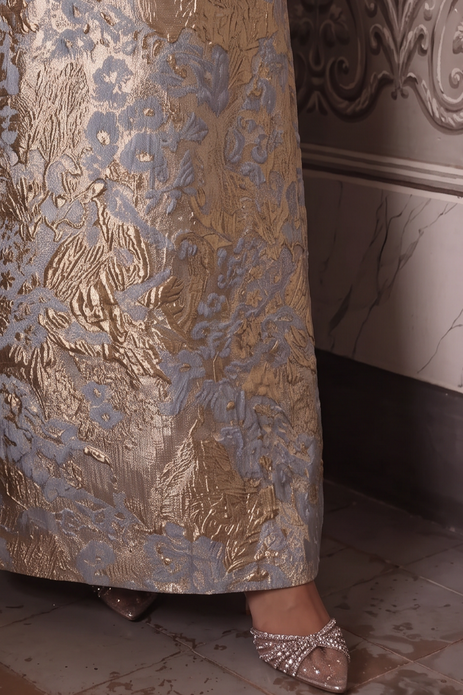 Regency Era Blue and Gold Empire Waist Dress with Square Neckline, Short Sleeves and Floral Jacquard Plus Size