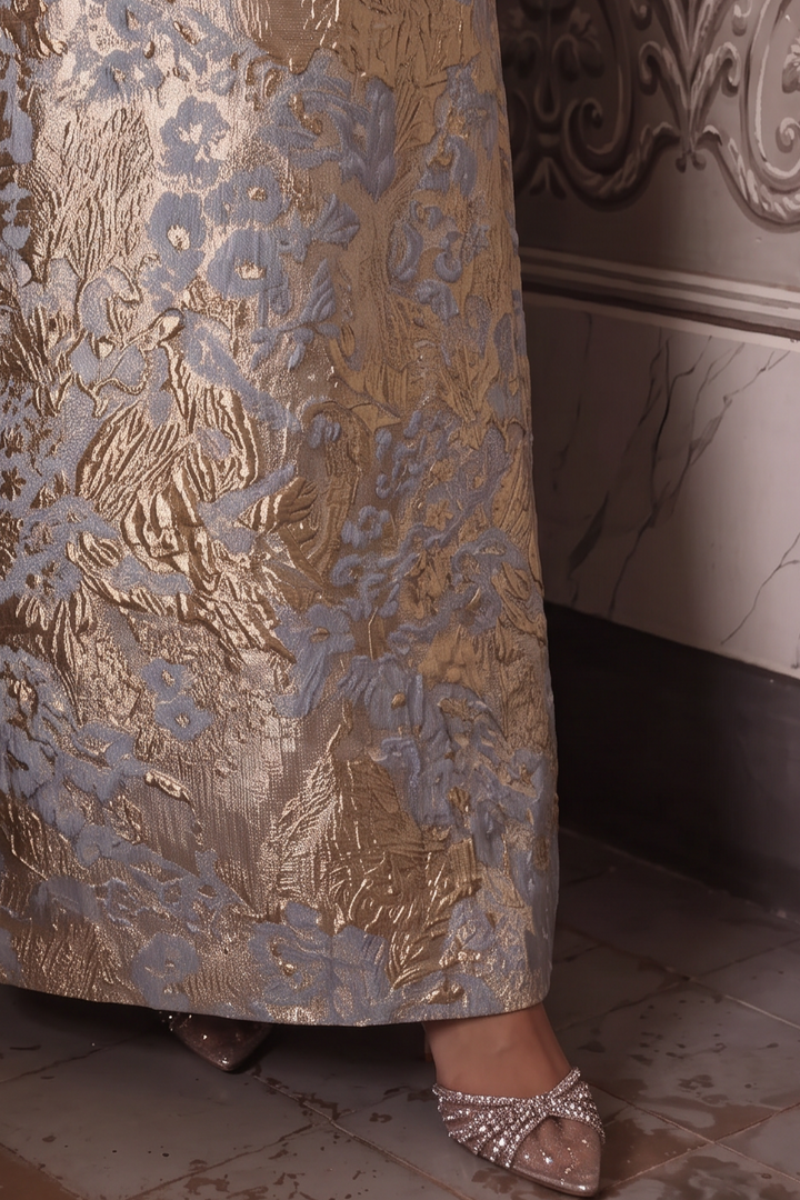 Regency Era Blue and Gold Empire Waist Dress with Square Neckline, Short Sleeves and Floral Jacquard Plus Size
