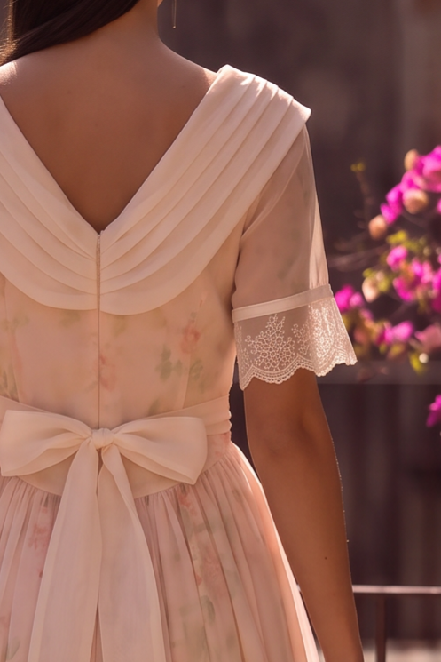 Regency Era Blush Pink Dress with Draped Shawl Collar, Rose Detail and Lace Trim Plus Size