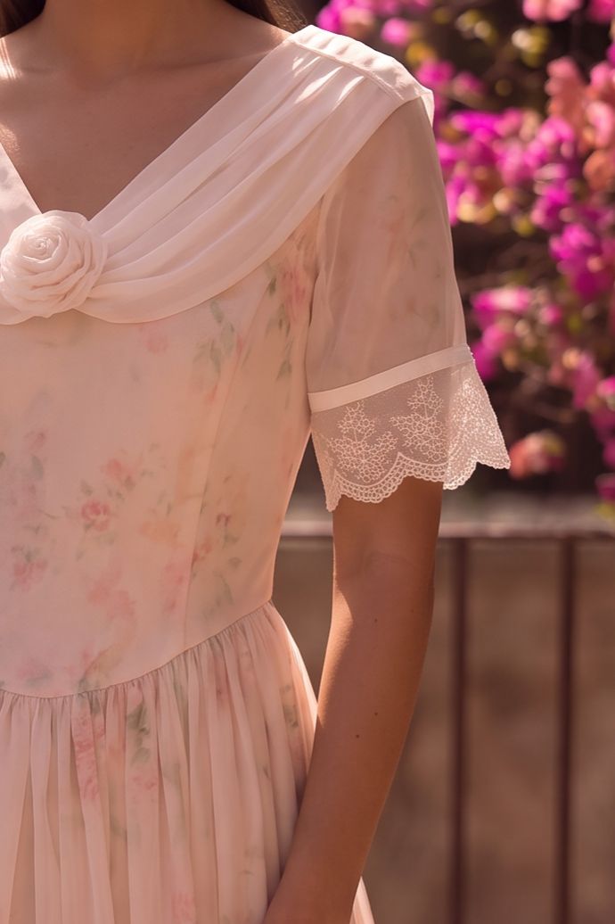 Regency Era Blush Pink Dress with Draped Shawl Collar, Rose Detail and Lace Trim Plus Size