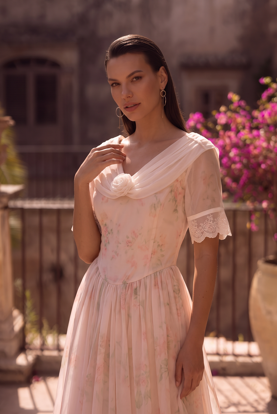 Regency Era Blush Pink Dress with Draped Shawl Collar, Rose Detail and Lace Trim Plus Size