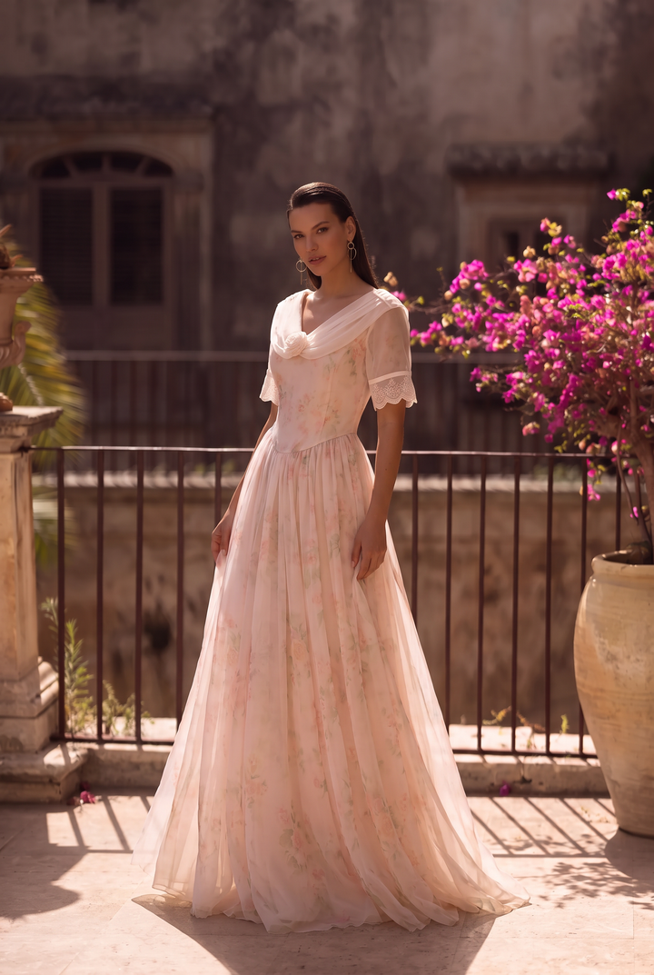 Regency Era Blush Pink Dress with Draped Shawl Collar, Rose Detail and Lace Trim Plus Size
