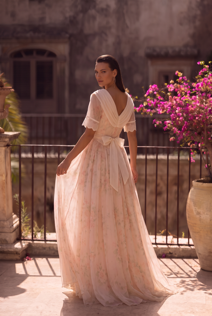 Regency Era Blush Pink Dress with Draped Shawl Collar, Rose Detail and Lace Trim Plus Size
