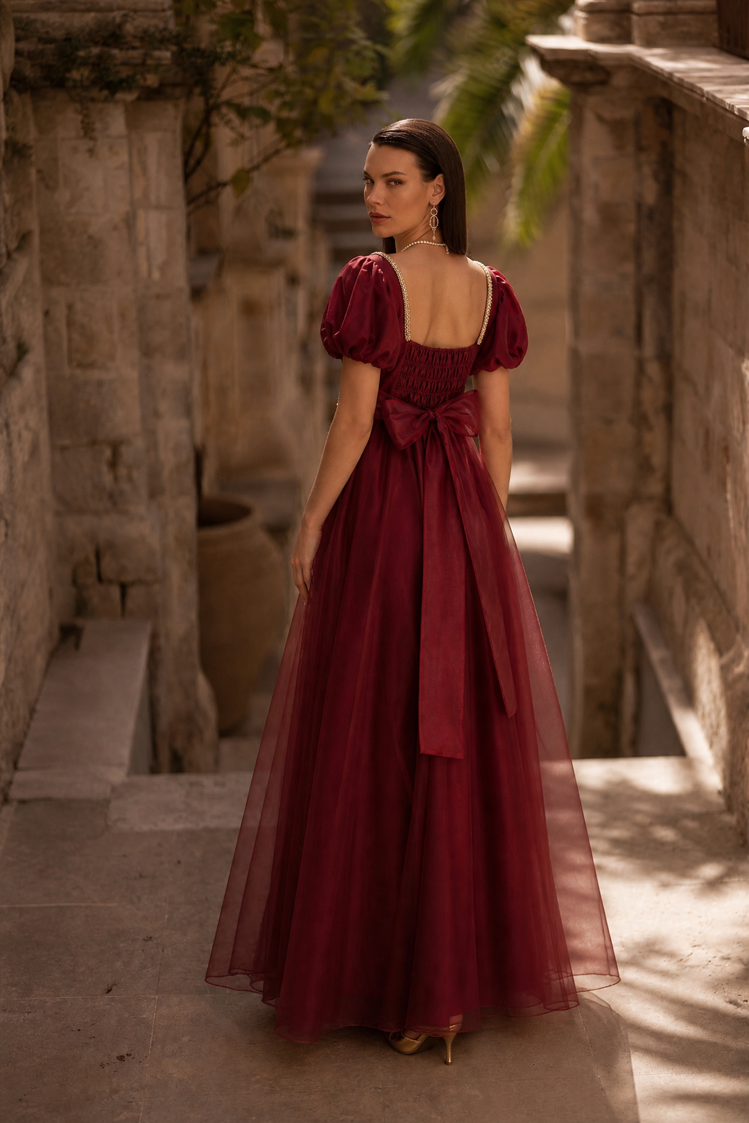 Regency Era Burgundy Empire Waist Gown with Gold Pearl Chain Detail and Lace Shawl – Bridgerton Inspired Evening Dress Plus Size