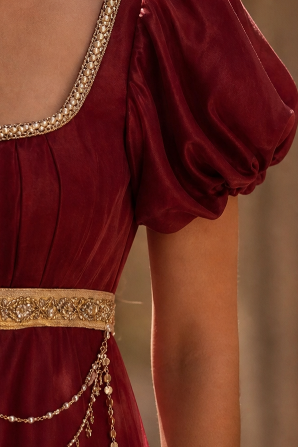 Regency Era Burgundy Empire Waist Gown with Gold Pearl Chain Detail and Lace Shawl – Bridgerton Inspired Evening Dress Plus Size