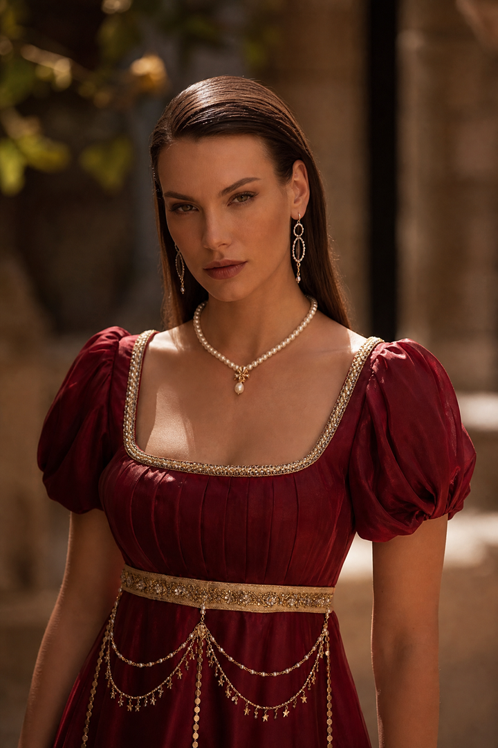 Regency Era Burgundy Empire Waist Gown with Gold Pearl Chain Detail and Lace Shawl – Bridgerton Inspired Evening Dress Plus Size