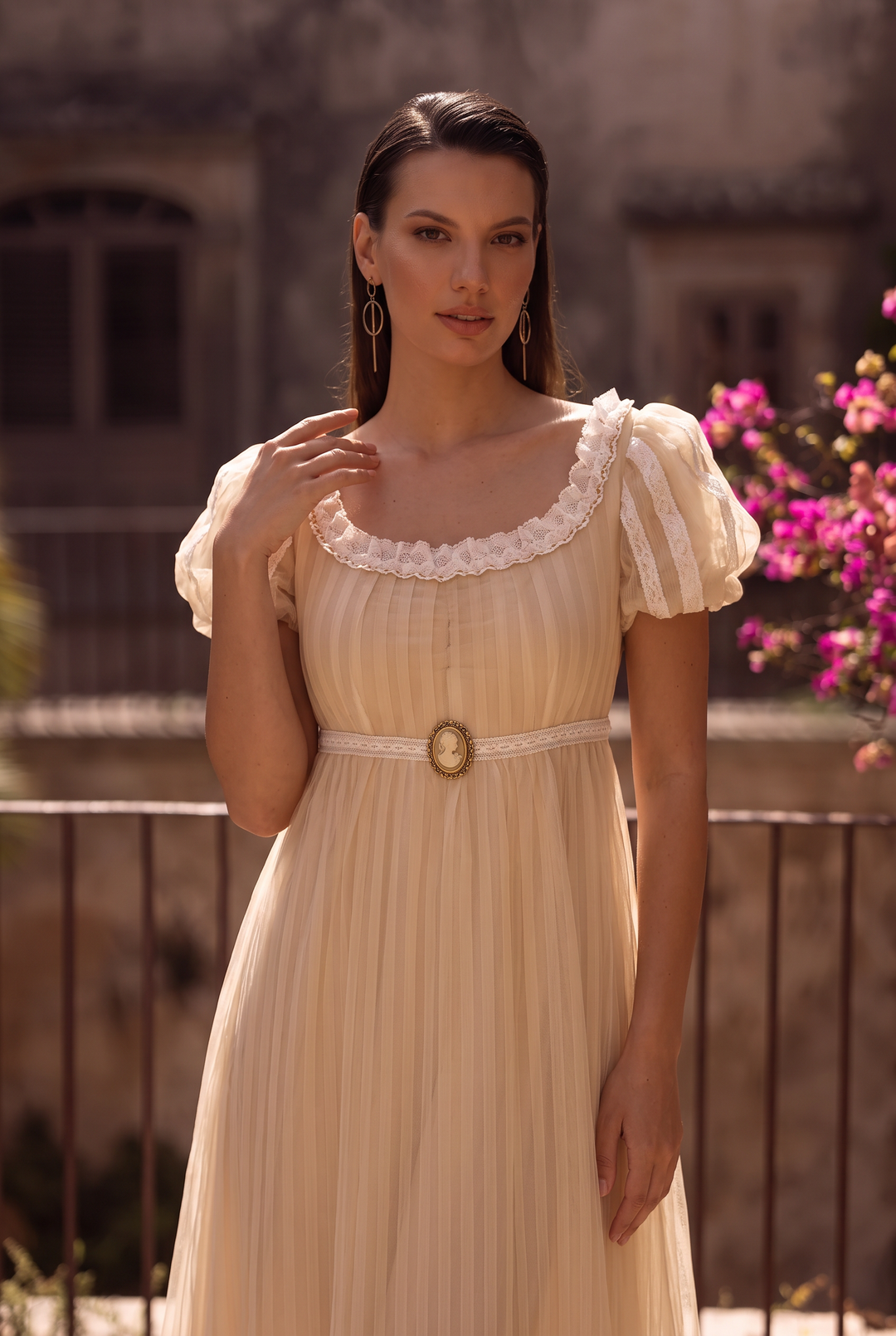 Regency Era Champagne Empire Waist Dress with Square Neckline, Puff Sleeves and Pleated Tulle Plus Size