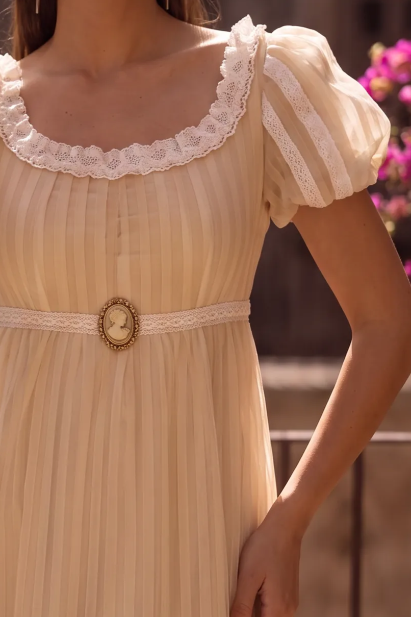 Regency Era Champagne Empire Waist Dress with Square Neckline, Puff Sleeves and Pleated Tulle Plus Size
